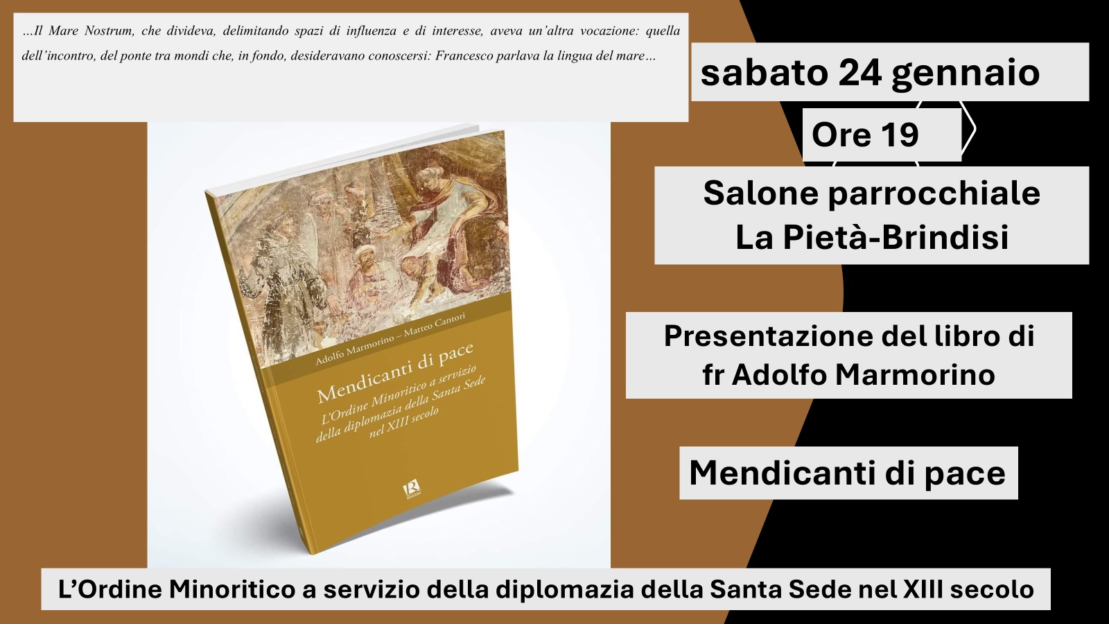 Locandina presentazione libro Mendicanti di pace con dettagli evento.